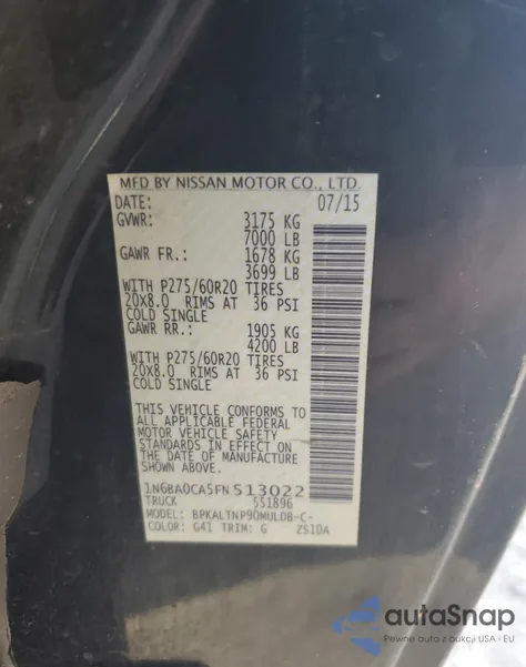 2015 Nissan Titan S из США, поврежденный, VIN 1N6BA0CA5FN513022